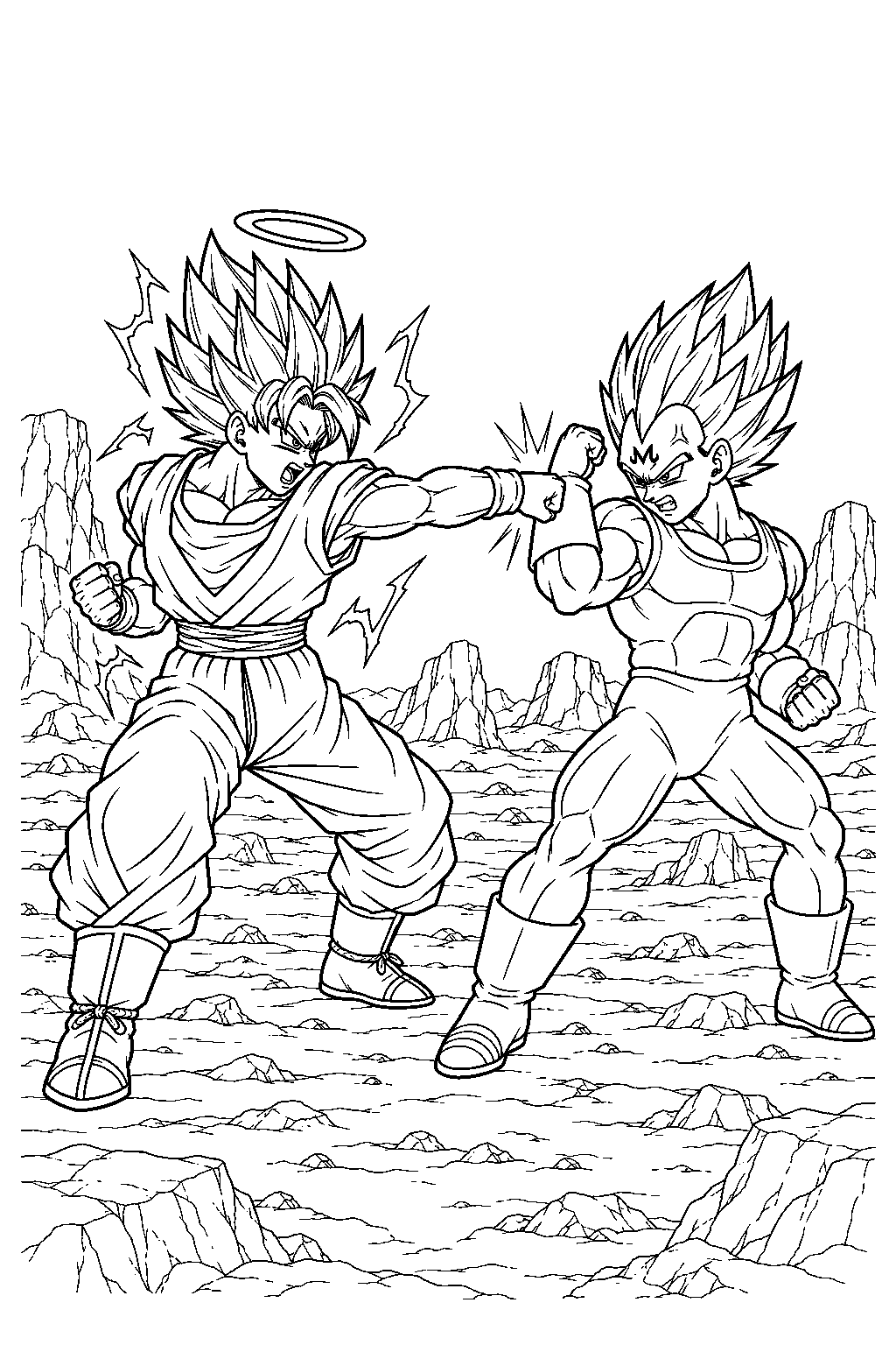 dragon ball z super saiyan 2 goku with a halo battling majin vegeta in a rocky wasteland line art