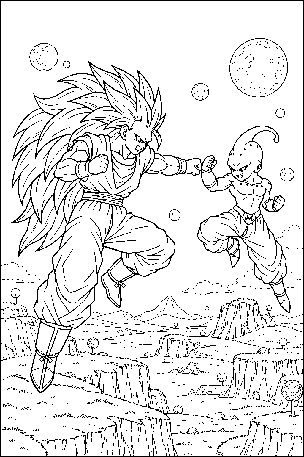 dragon ball z super saiyan 3 goku battling kid buu in the supreme kai s realm line art