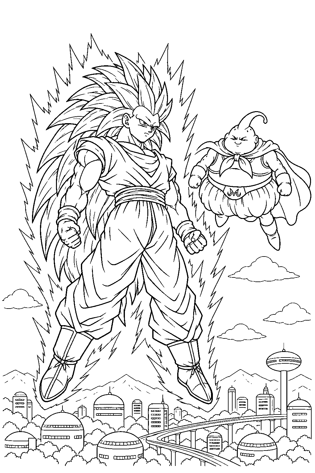 dragon ball z super saiyan 3 goku powering up in front of majin buu above west city line art