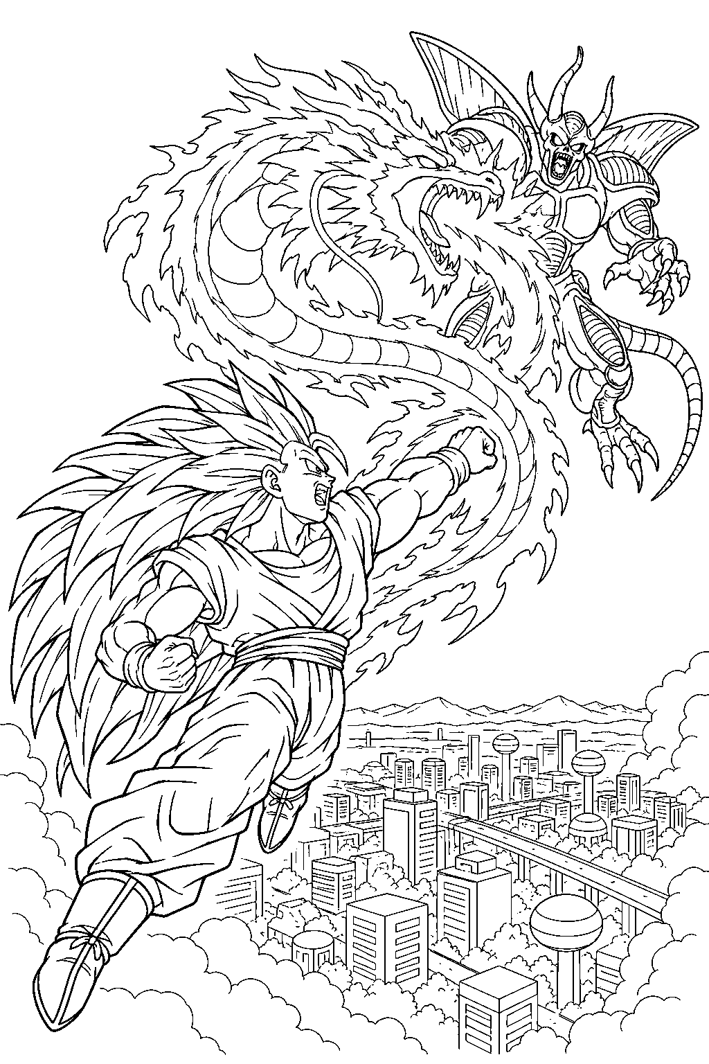 dragon ball z super saiyan 3 goku using dragon fist against hirudegarn above the city line art