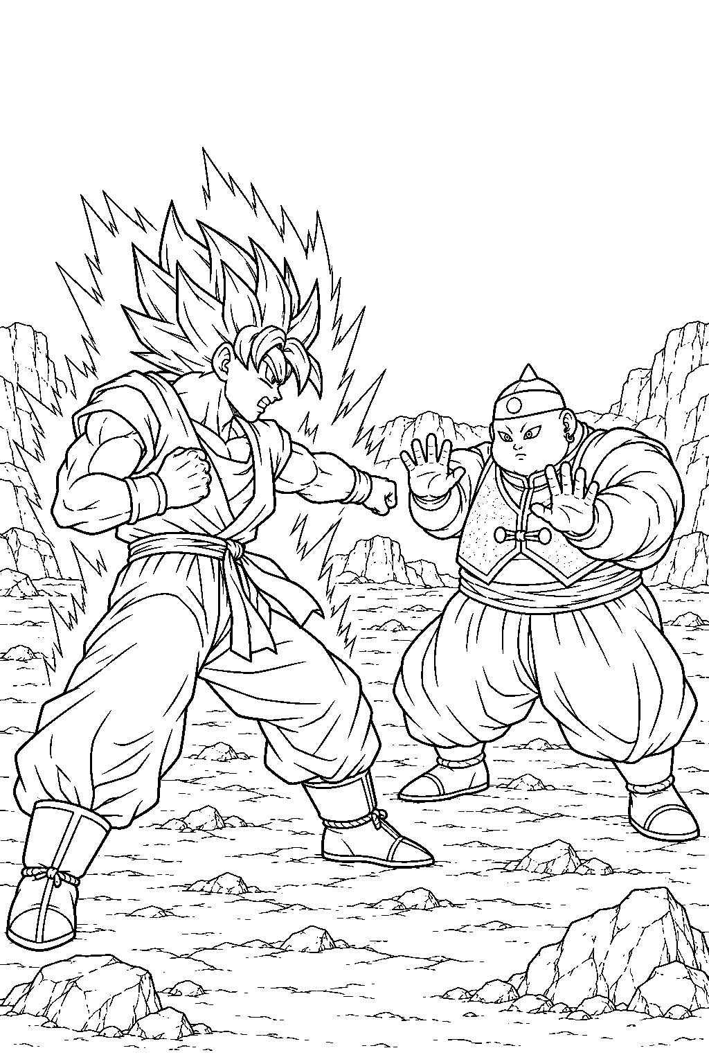 dragon ball z super saiyan goku battling android 19 on a deserted rocky battlefield line art