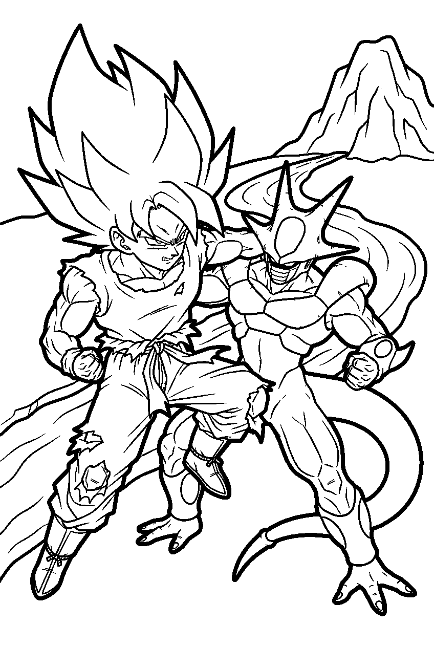 dragon ball z super saiyan goku battling final form cooler beside a mountain river line art
