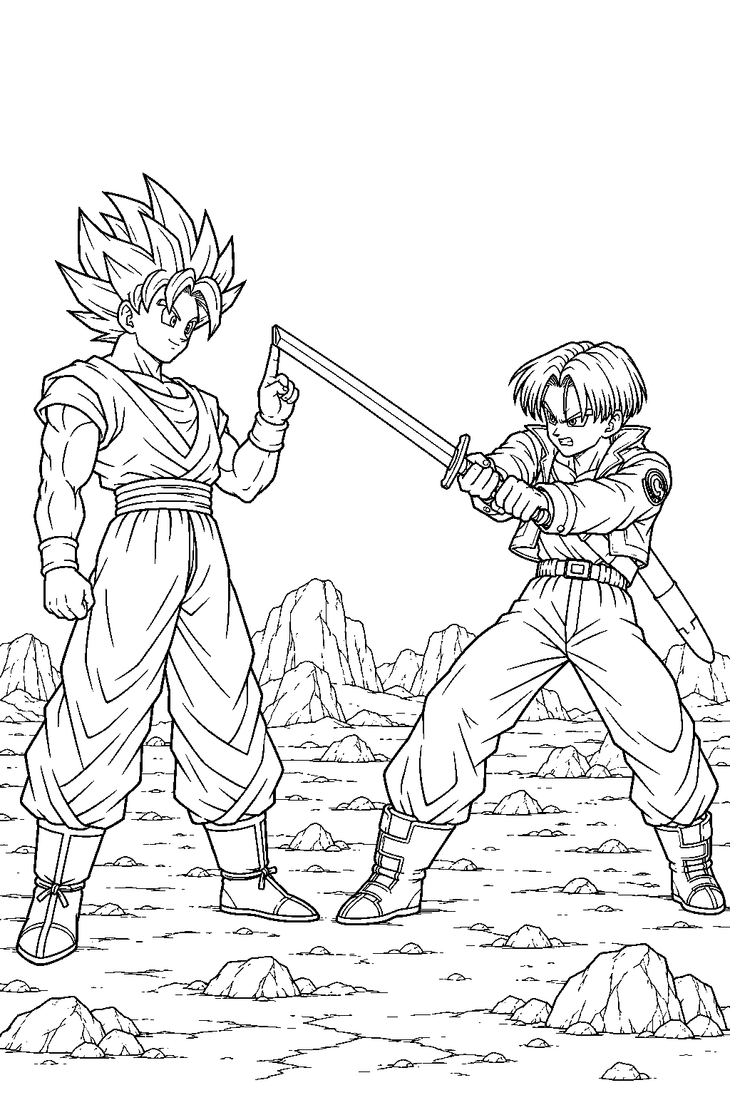 dragon ball z super saiyan goku blocking future trunks s sword with one fingertip line art