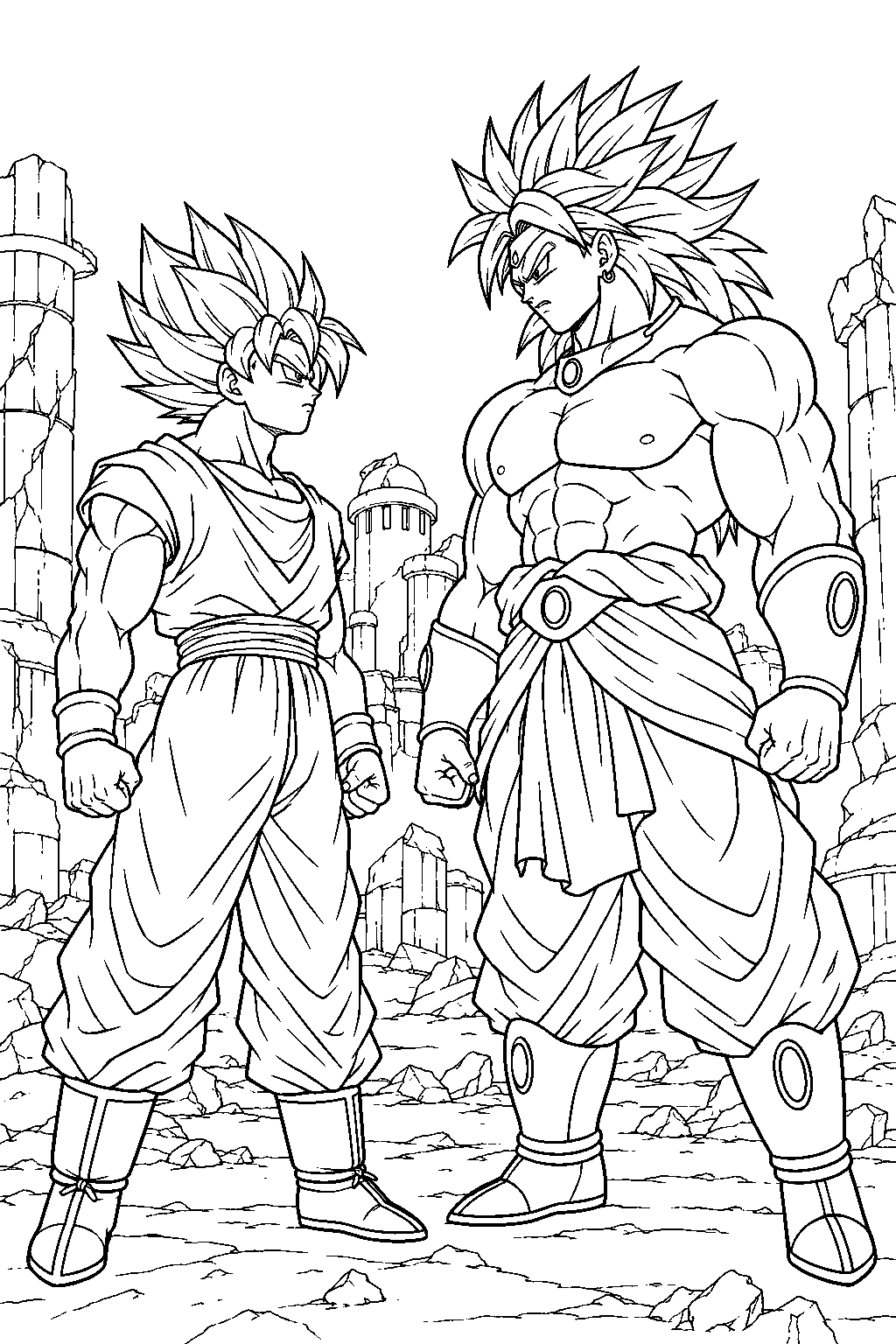 dragon ball z super saiyan goku confronting the original broly among the ruins of new planet vegeta line art