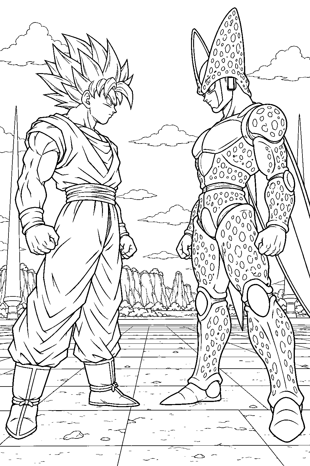 dragon ball z super saiyan goku facing perfect cell in the cell games arena line art