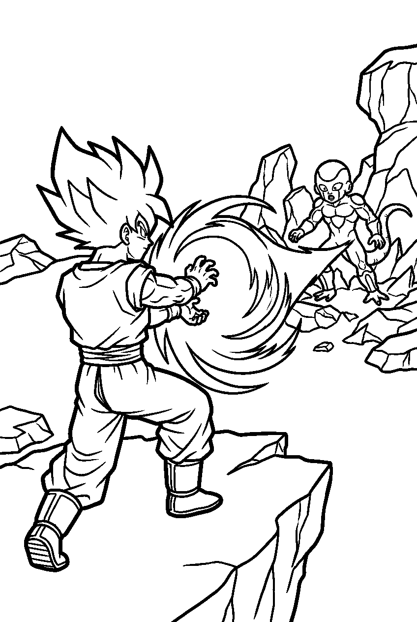 dragon ball z super saiyan goku firing a kamehameha at frieza across the shattered namekian rocks line art