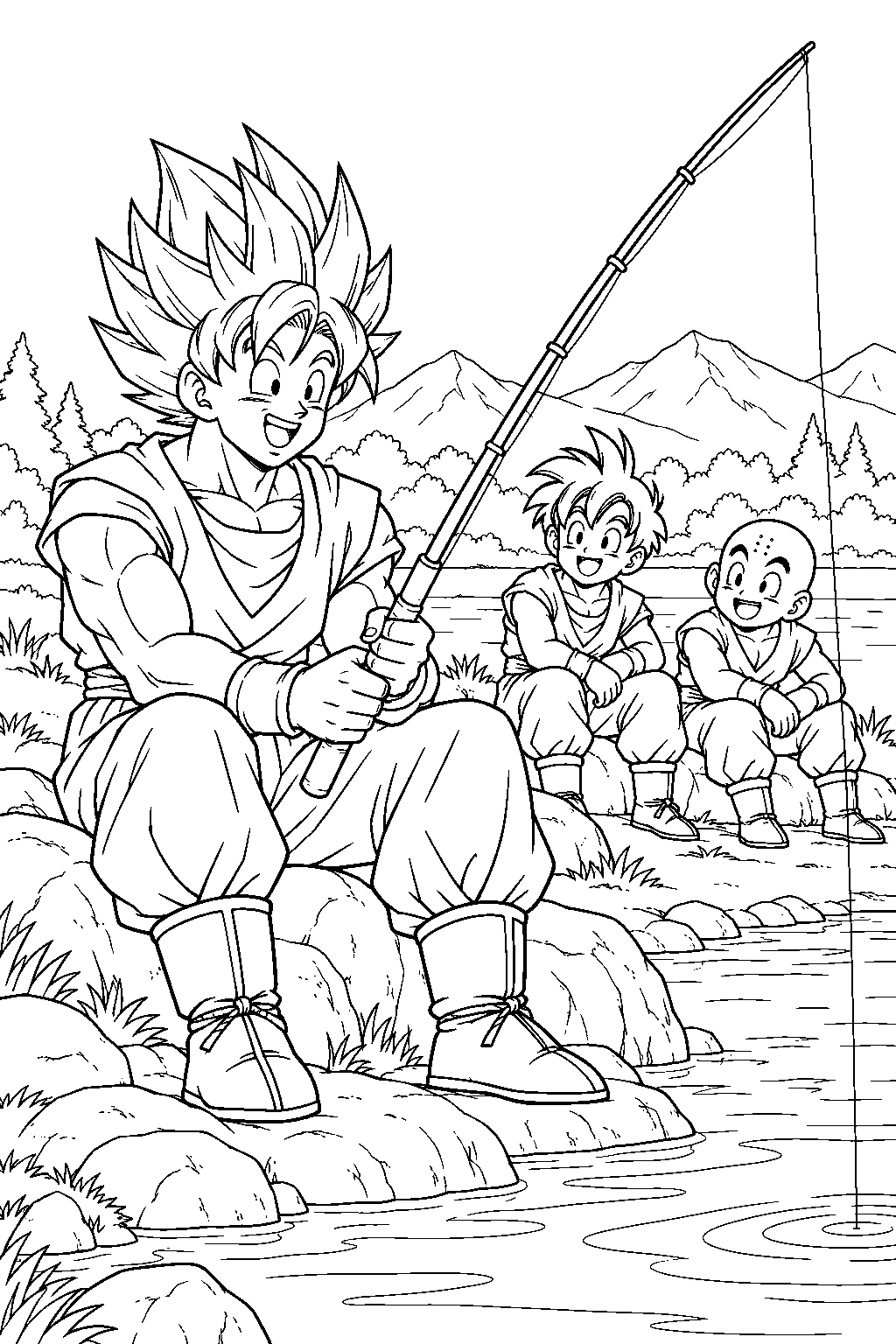 dragon ball z super saiyan goku fishing beside a lake with gohan and krillin line art