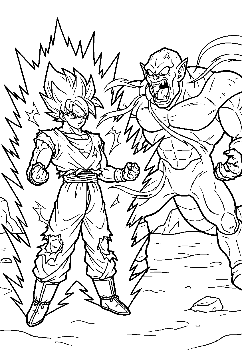 dragon ball z super saiyan goku powering up while yakon absorbs the light from his aura on the dark planet line art