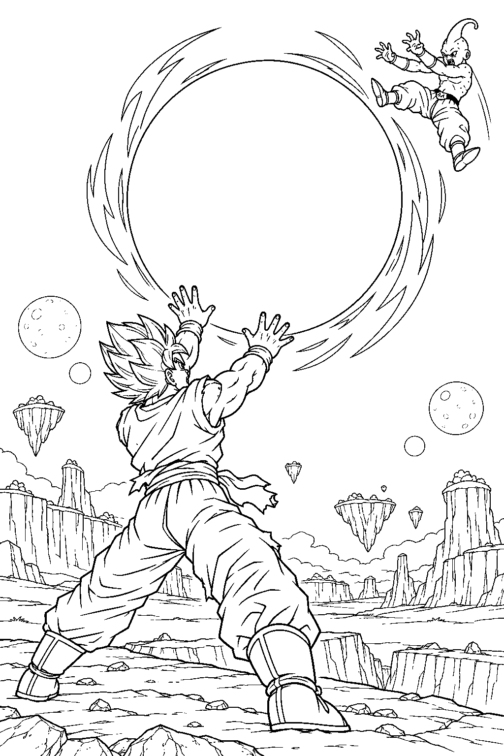 dragon ball z super saiyan goku pushing the final spirit bomb toward kid buu line art