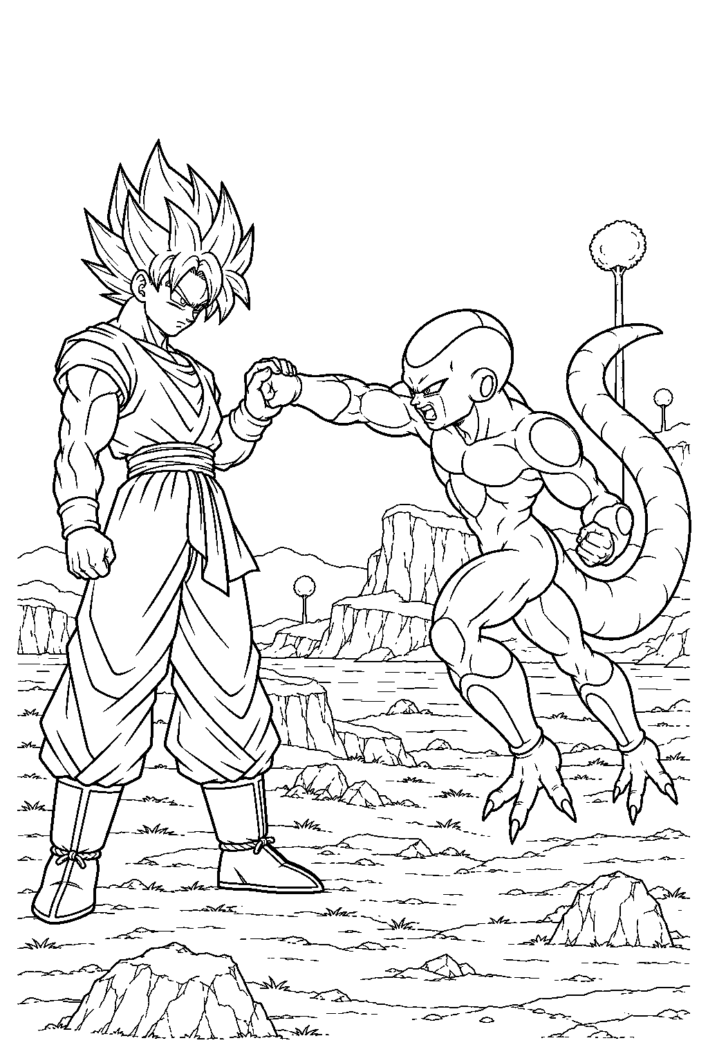 dragon ball z super saiyan goku stopping frieza s punch with one hand on namek line art