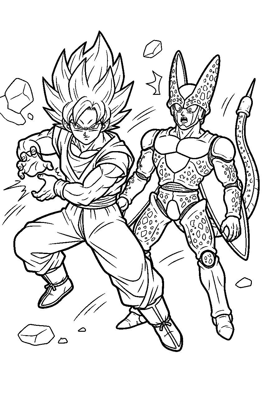 dragon ball z super saiyan goku using an instant transmission kamehameha against perfect cell line art