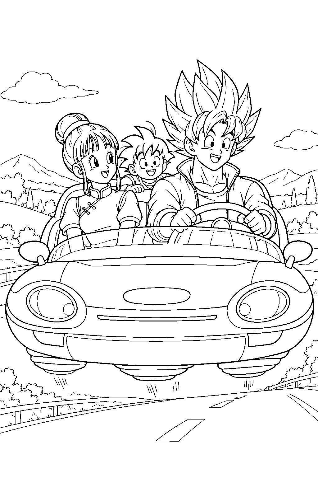 dragon ball z super saiyan goku wearing a casual jacket and driving chi chi and gohan in a hovercar line art
