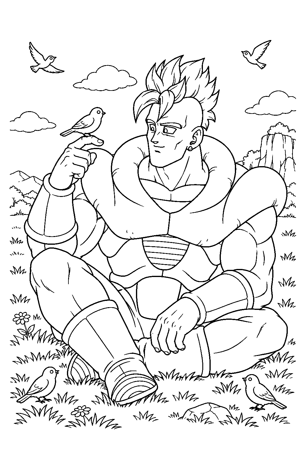 dragon ball z android 16 watching birds in a grassy field line art