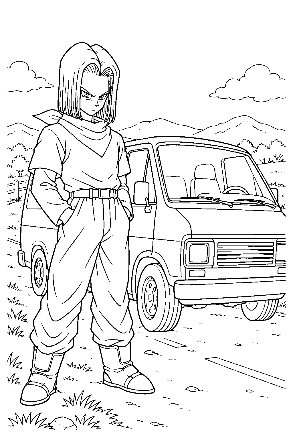 dragon ball z android 17 standing beside a stolen van on a rural road line art