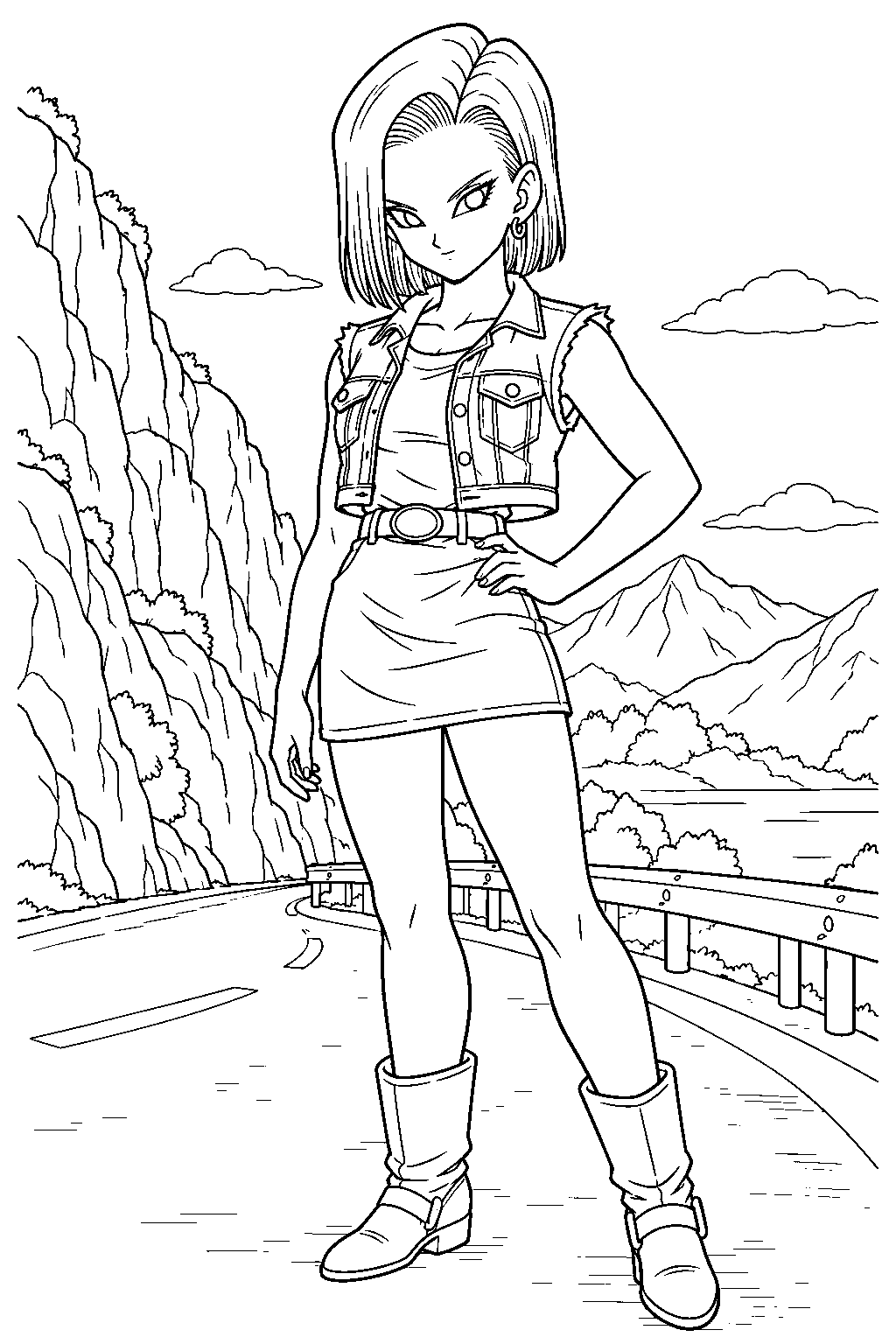 dragon ball z android 18 wearing her denim vest beside a mountain road line art