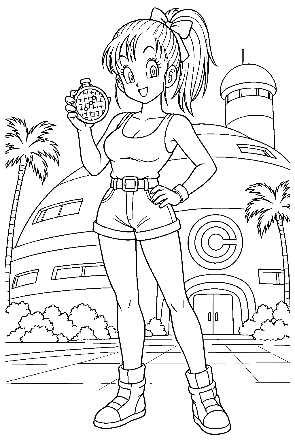 dragon ball z bulma holding the dragon radar outside the capsule corporation building line art