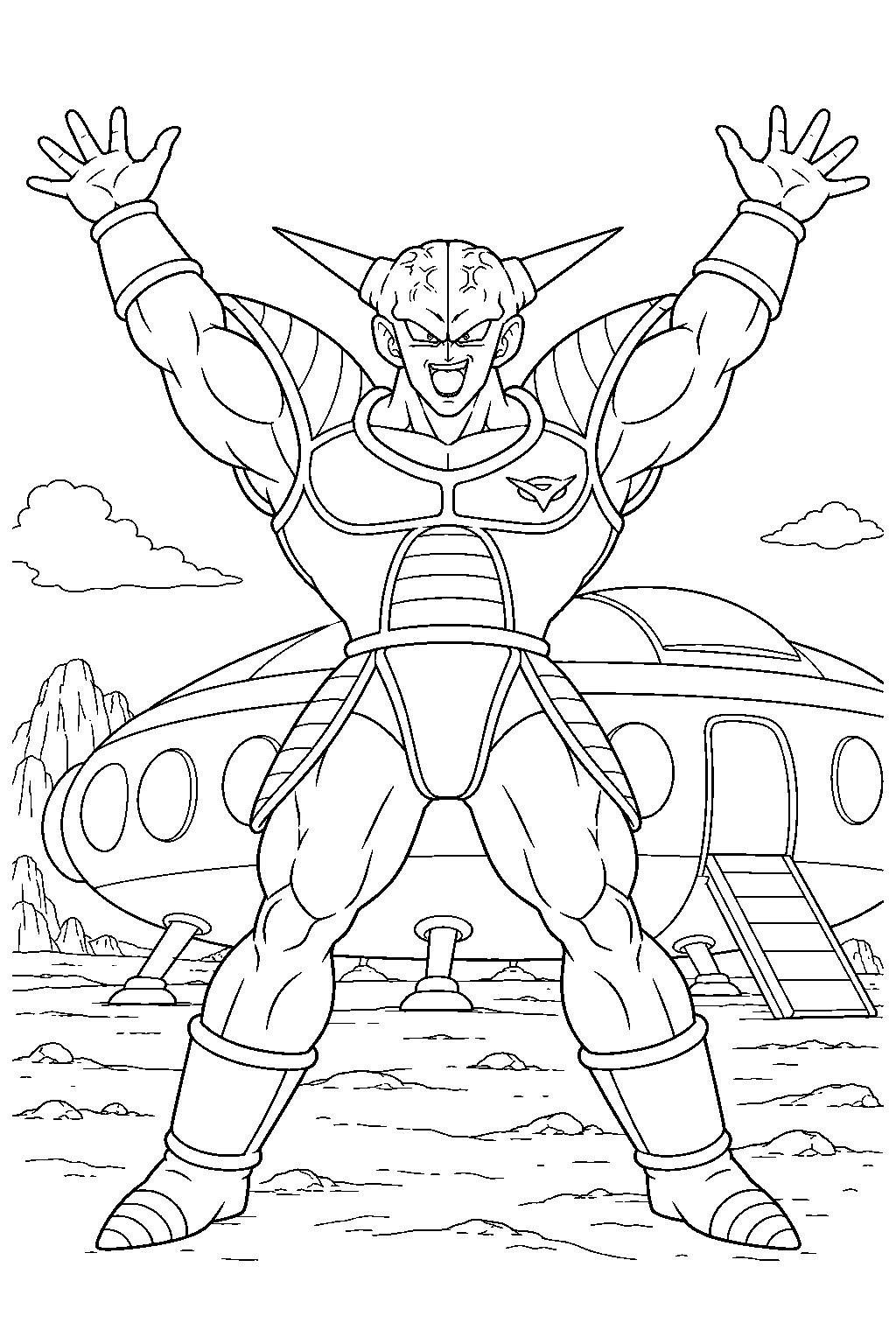 dragon ball z captain ginyu posing with his arms raised beside frieza s spaceship line art