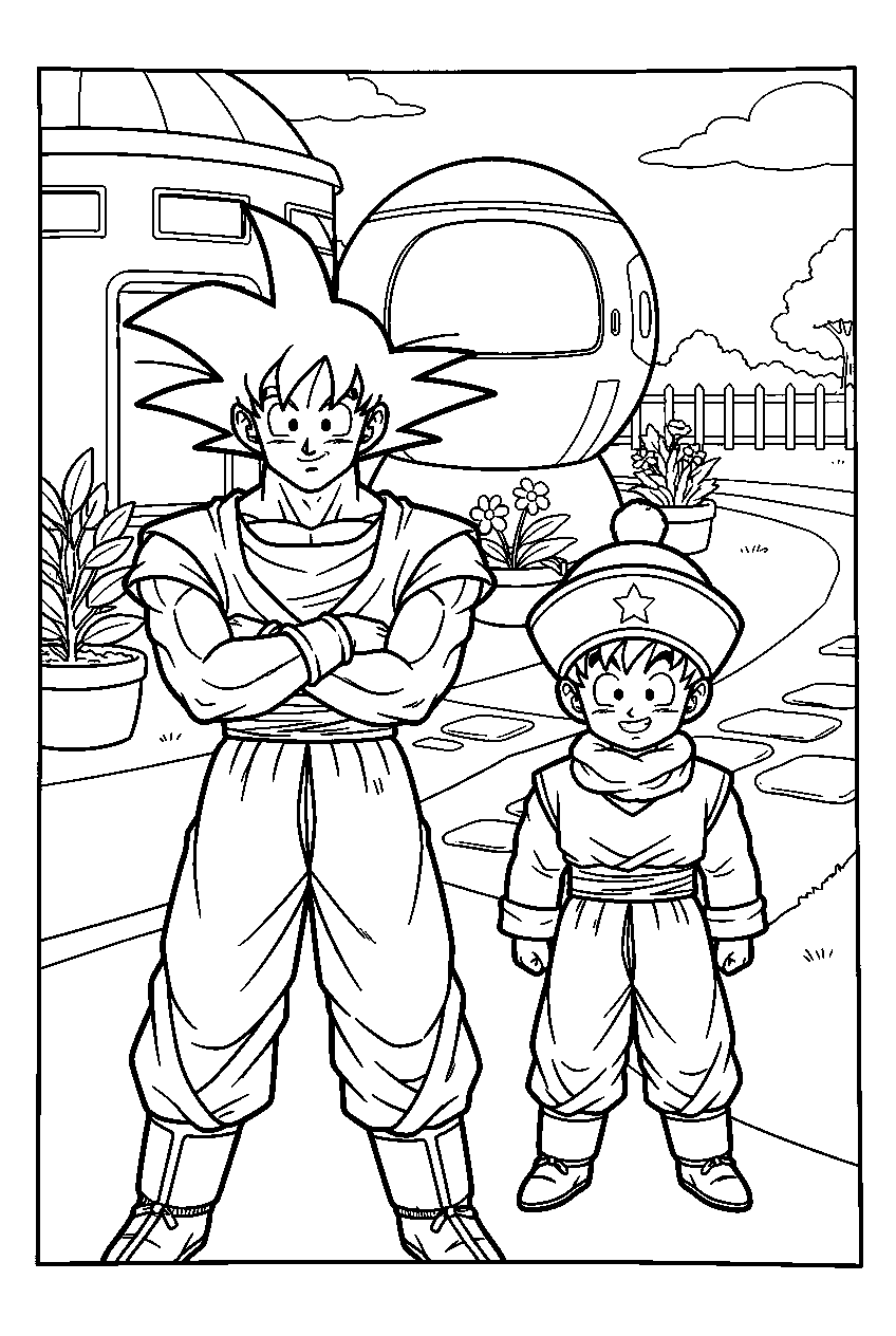 dragon ball z characters in capsule corporation garden line art