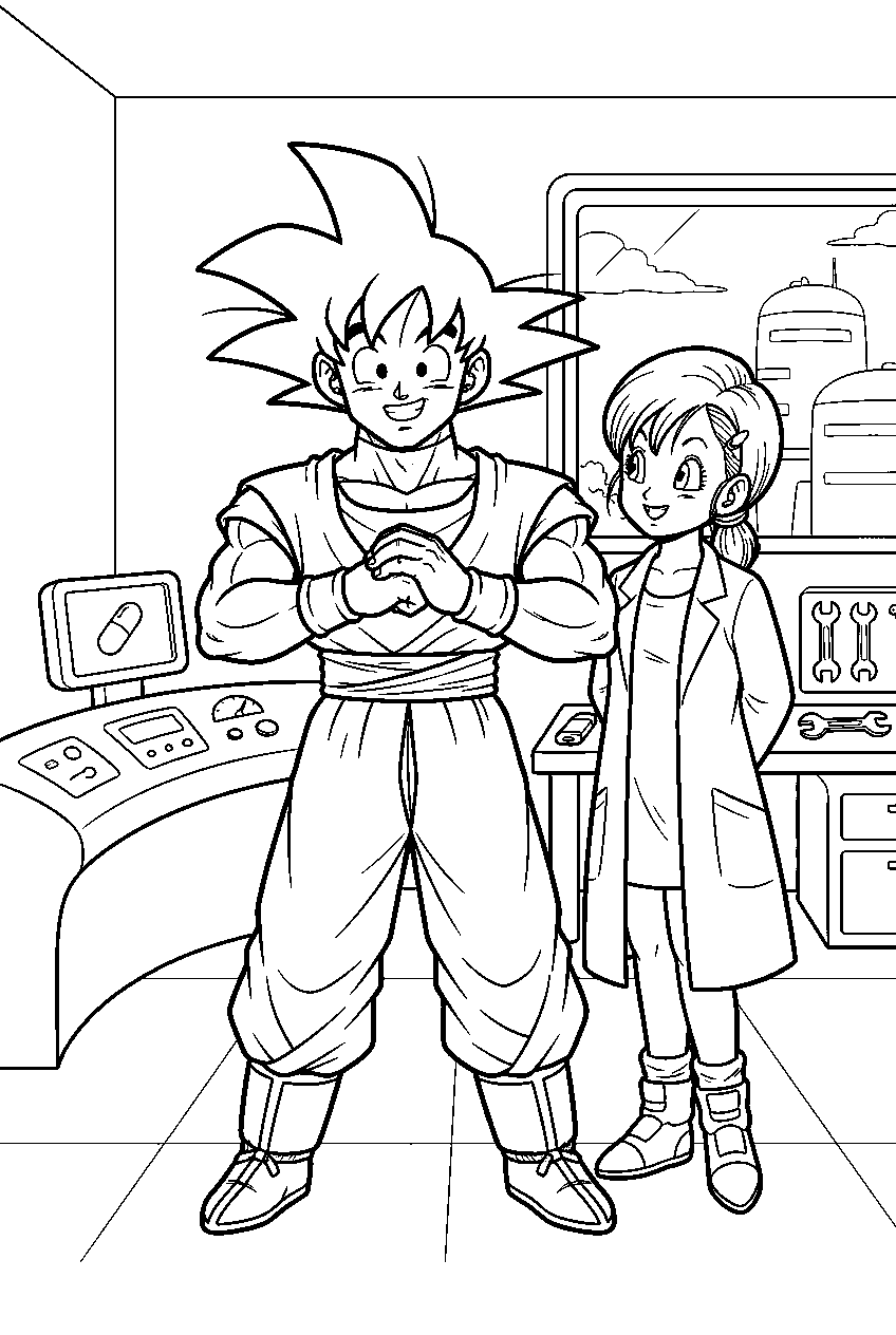dragon ball z characters in capsule corporation laboratory line art