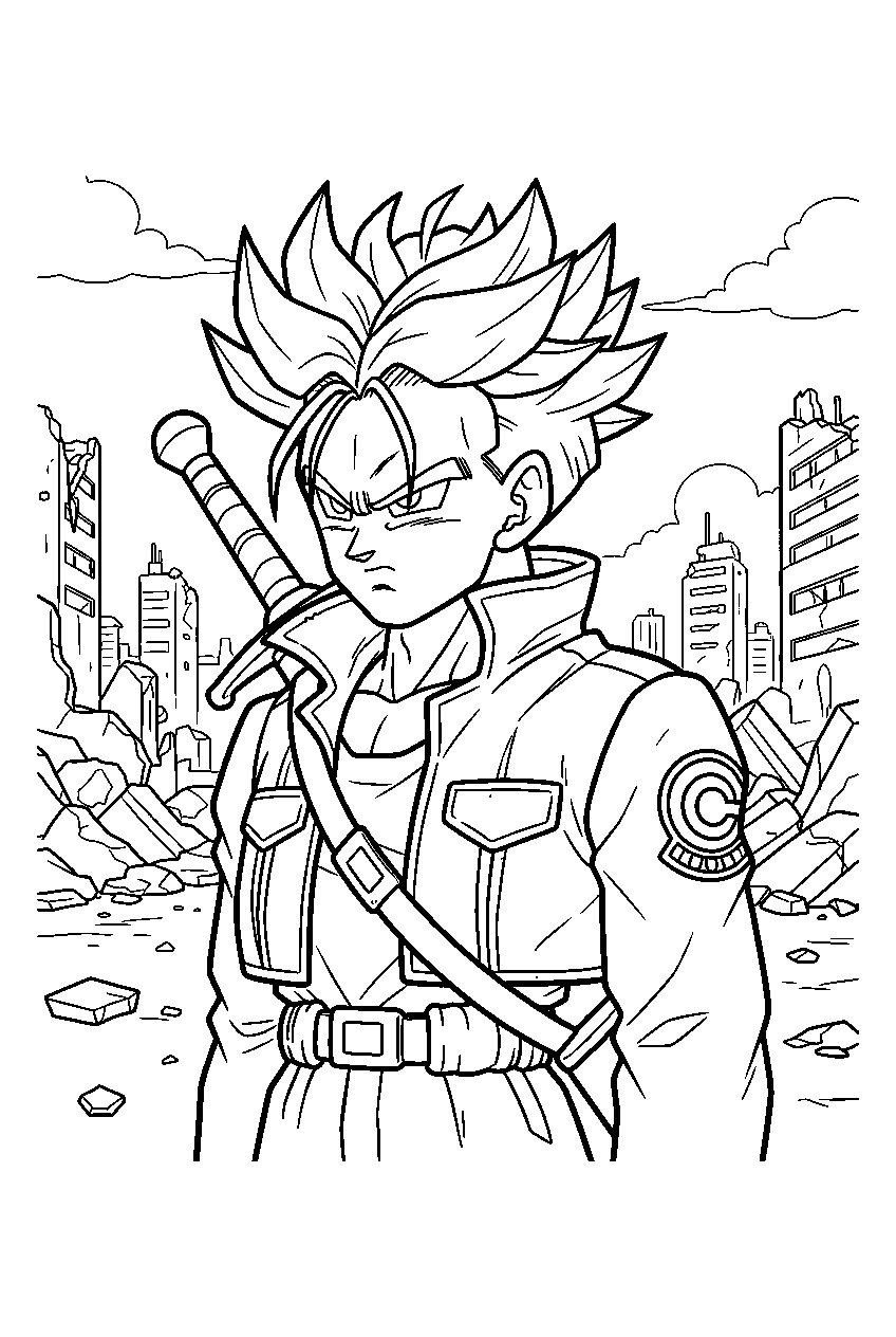 dragon ball z characters in ruined future city line art