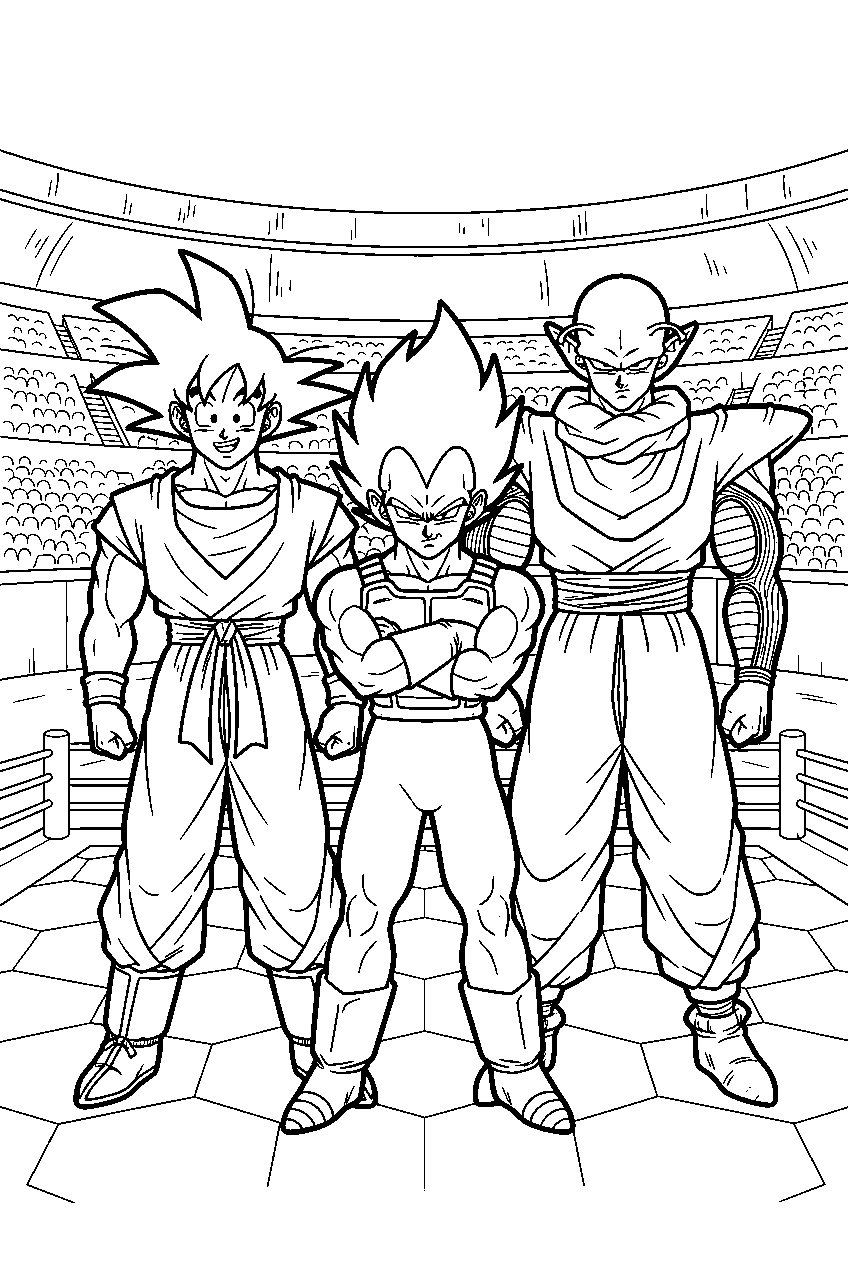 dragon ball z characters in world tournament arena line art