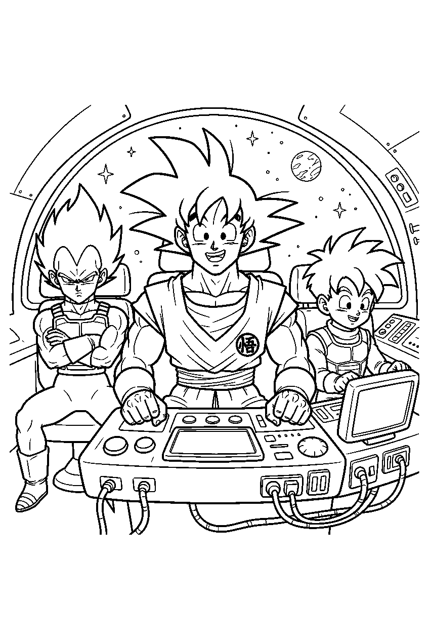 dragon ball z characters inside spaceship line art