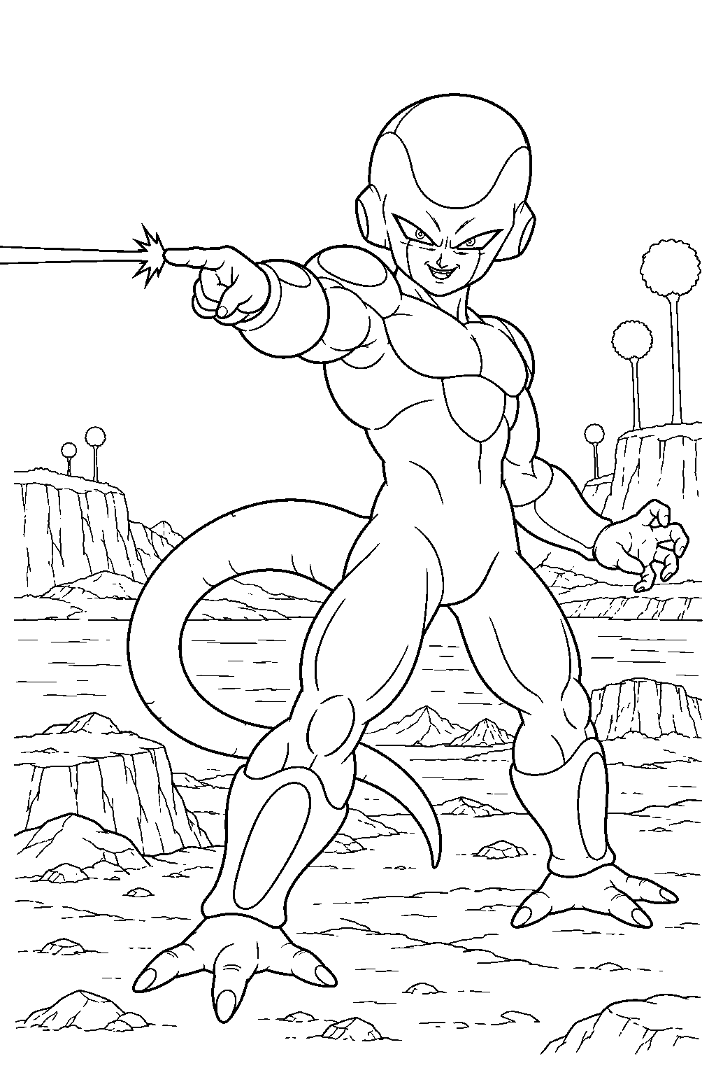 dragon ball z final form frieza firing a death beam across a namekian battlefield line art