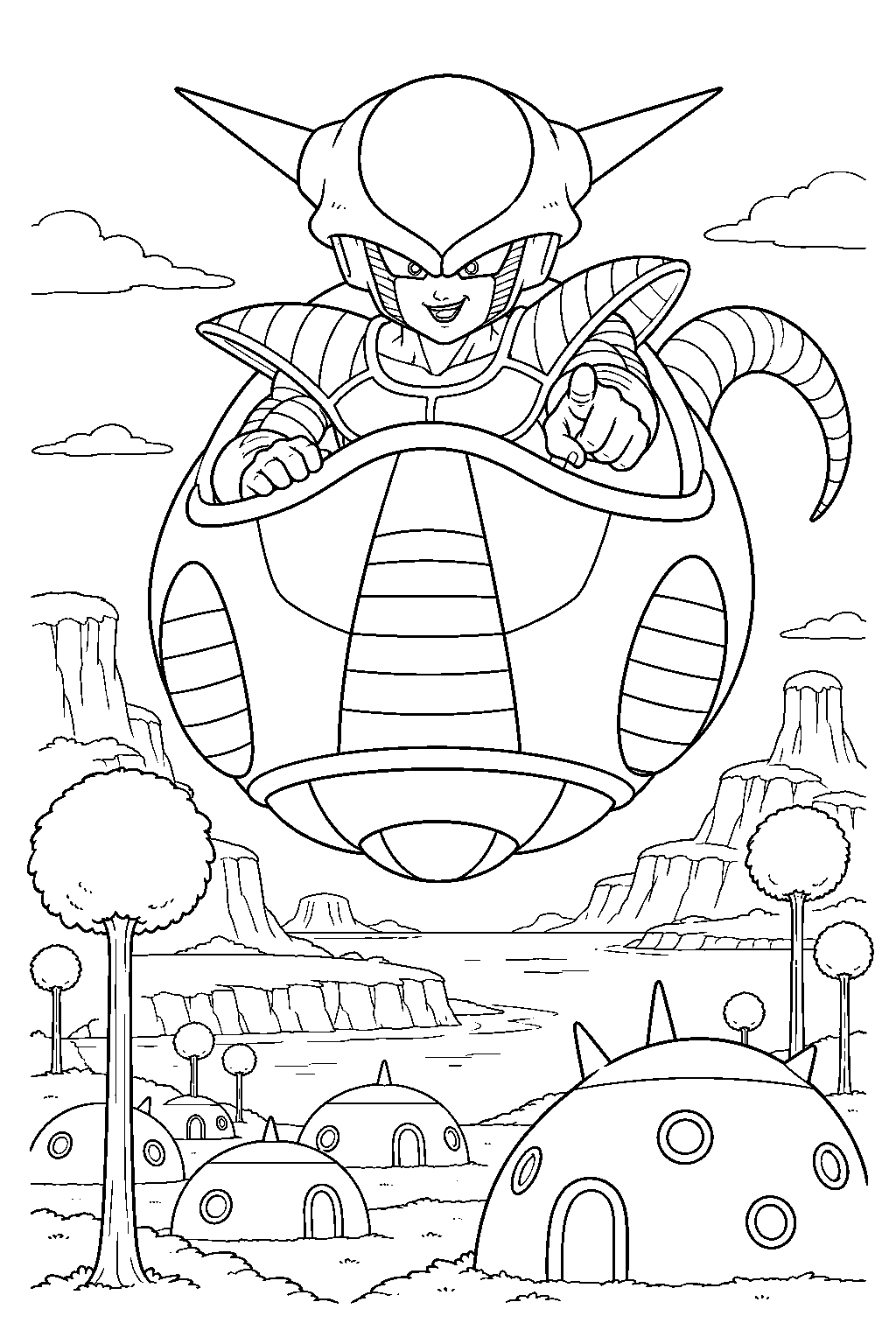 dragon ball z first form frieza riding his hover pod above a namekian village line art