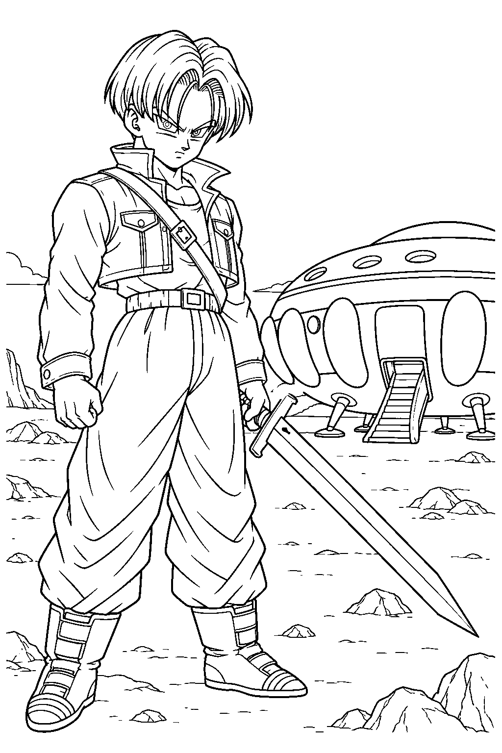 dragon ball z future trunks holding his sword beside frieza s spaceship line art