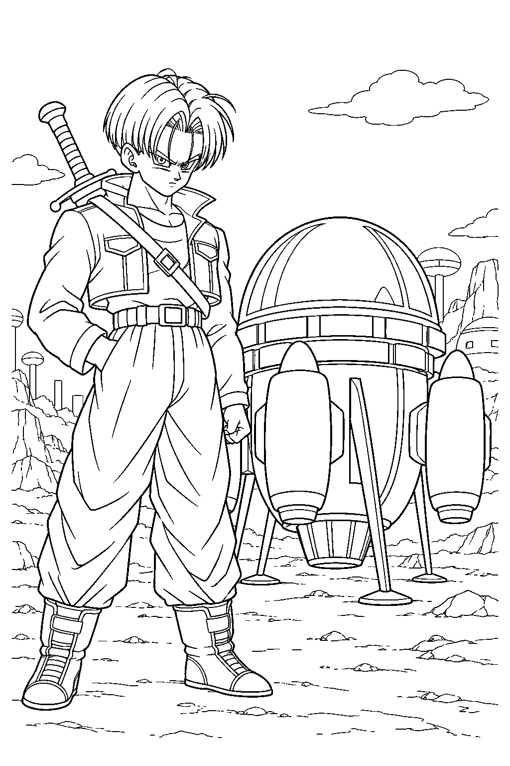 dragon ball z future trunks standing beside his capsule corporation time machine line art