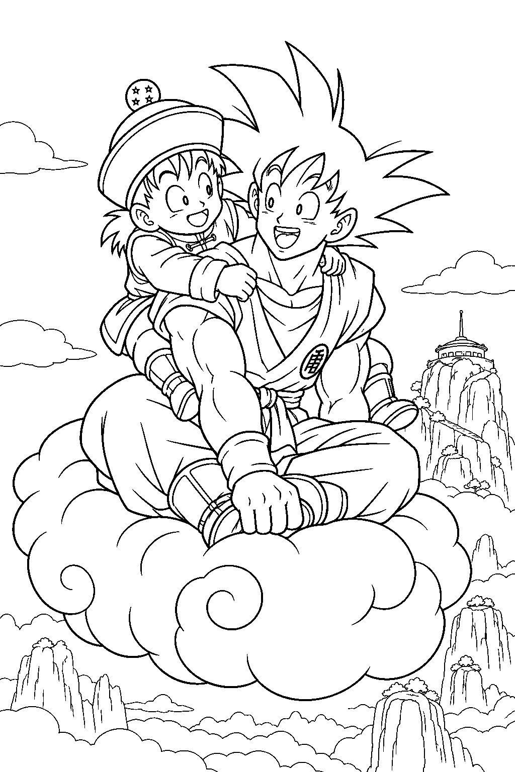 dragon ball z goku carrying young gohan on the flying nimbus above mount paozu line art