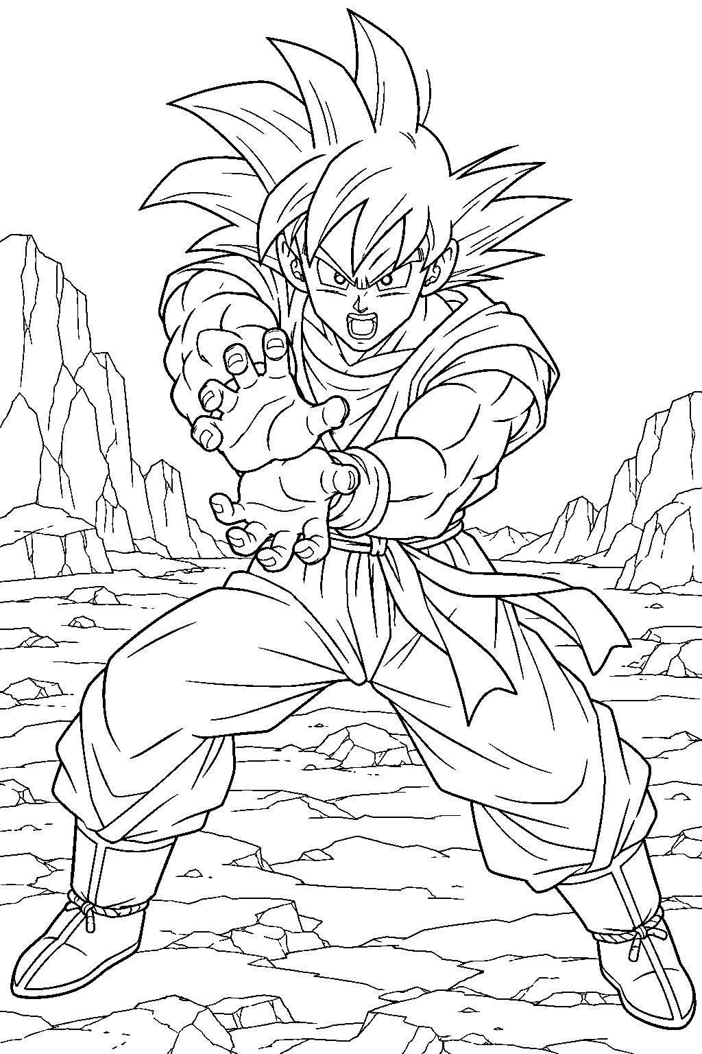 dragon ball z goku charging a kamehameha on a rocky battlefield line art