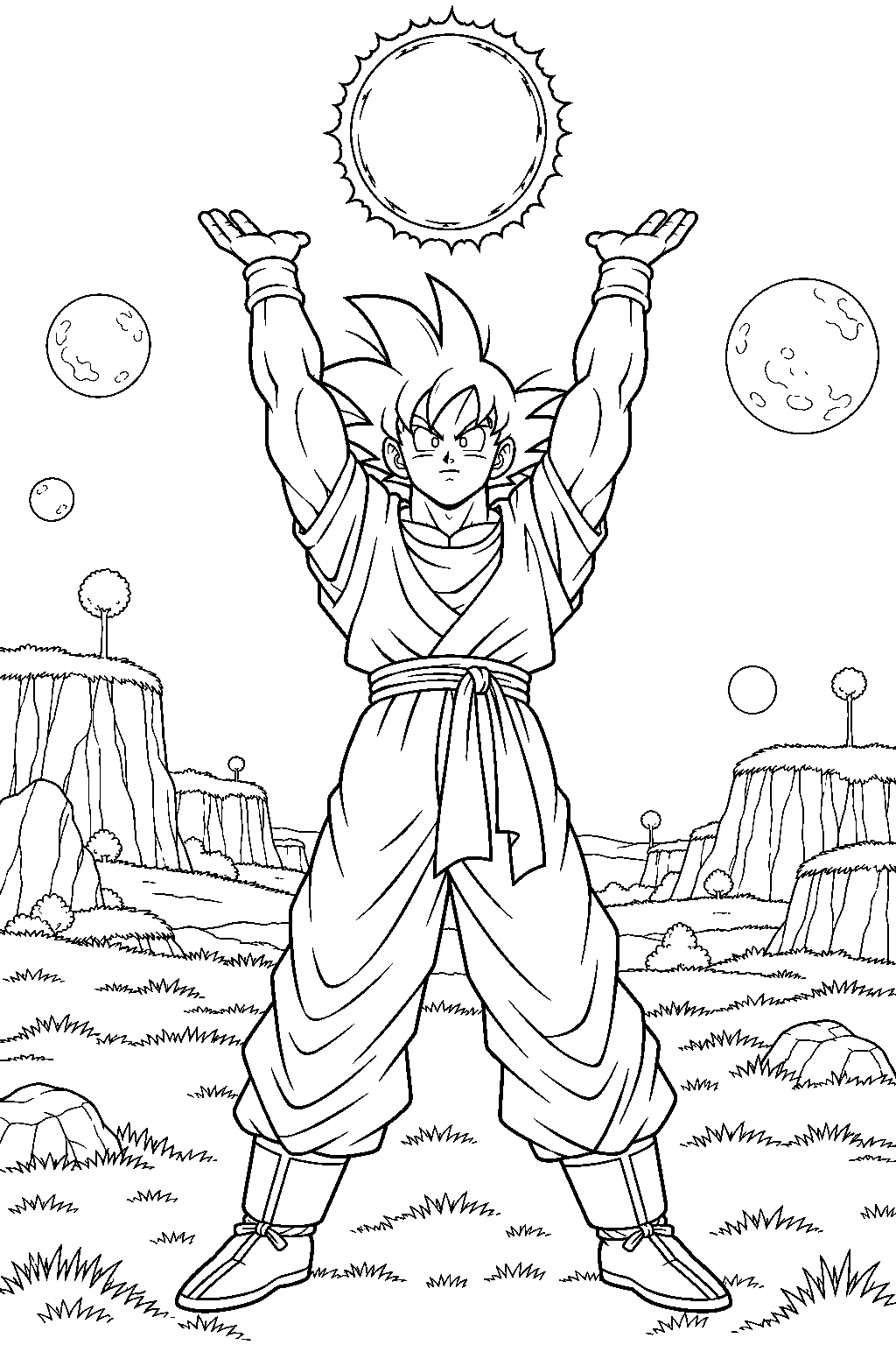 dragon ball z goku raising a spirit bomb on the supreme kai s planet line art