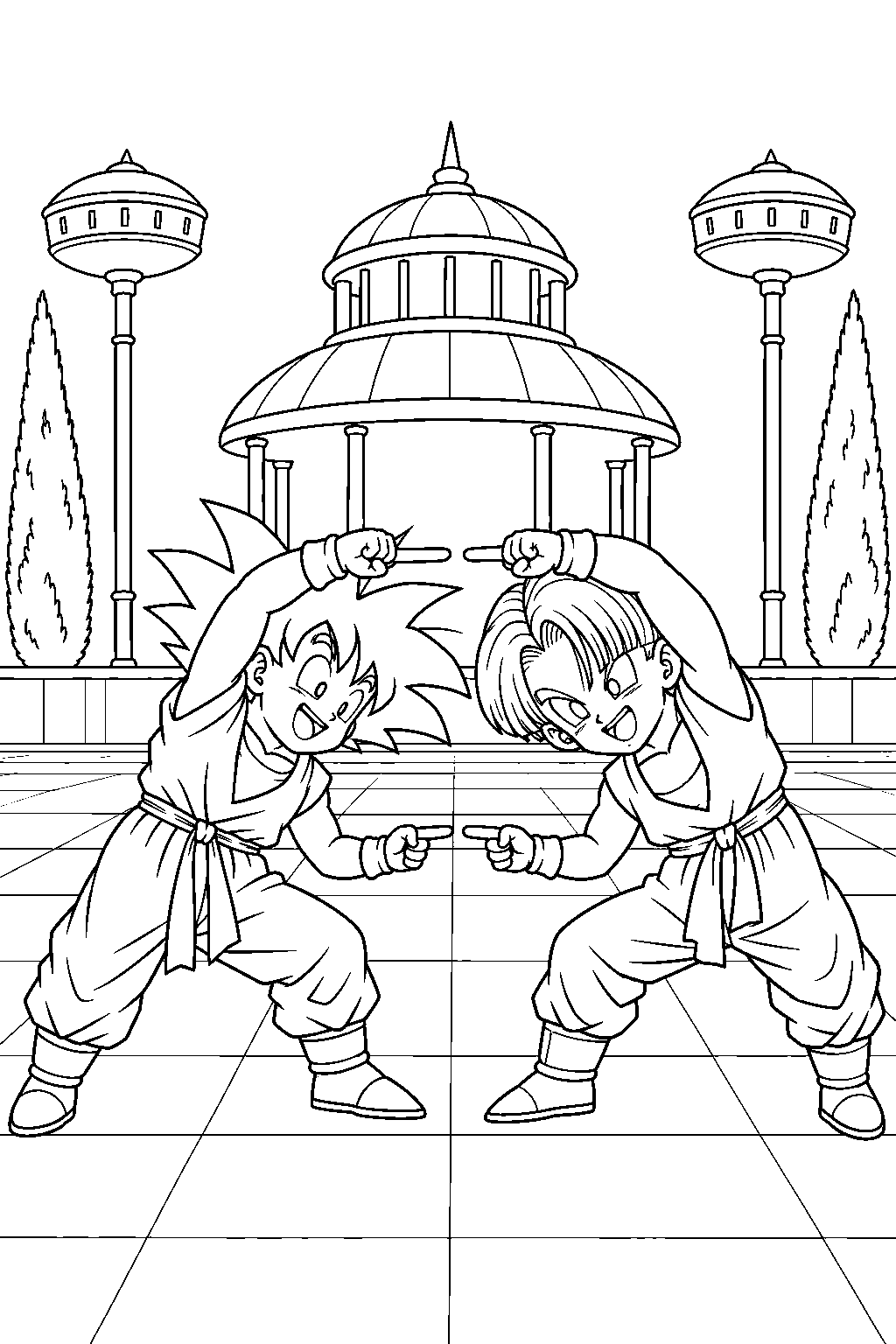 dragon ball z goten and trunks practicing the fusion dance at kami s lookout line art