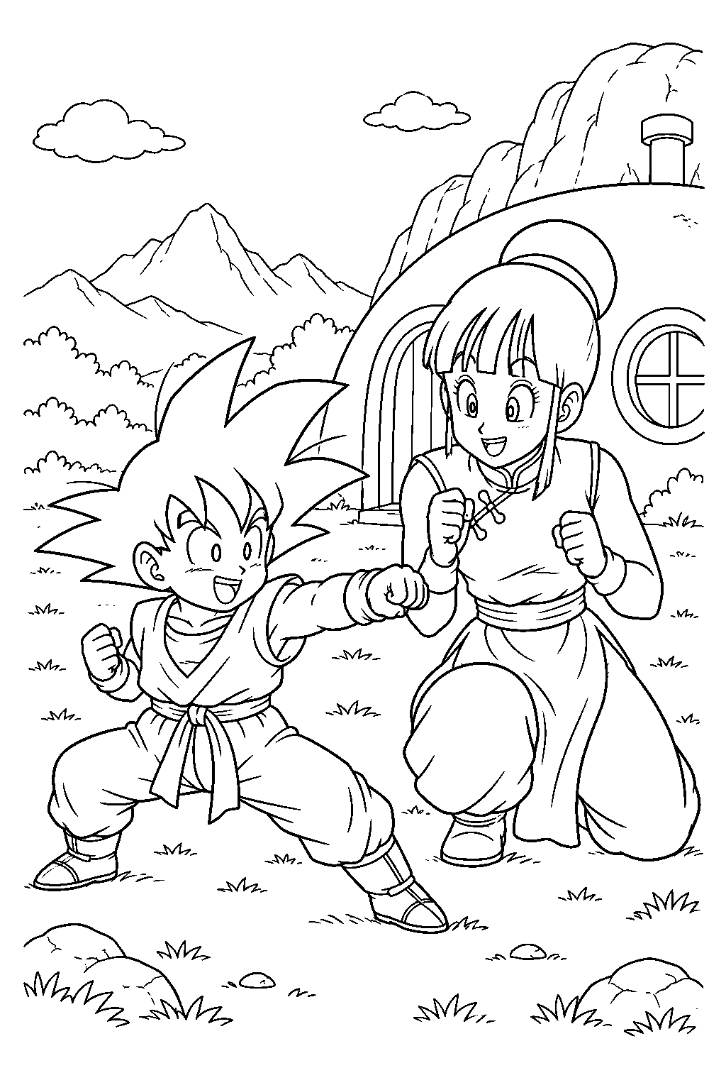 dragon ball z goten training with chi chi outside their mountain home line art