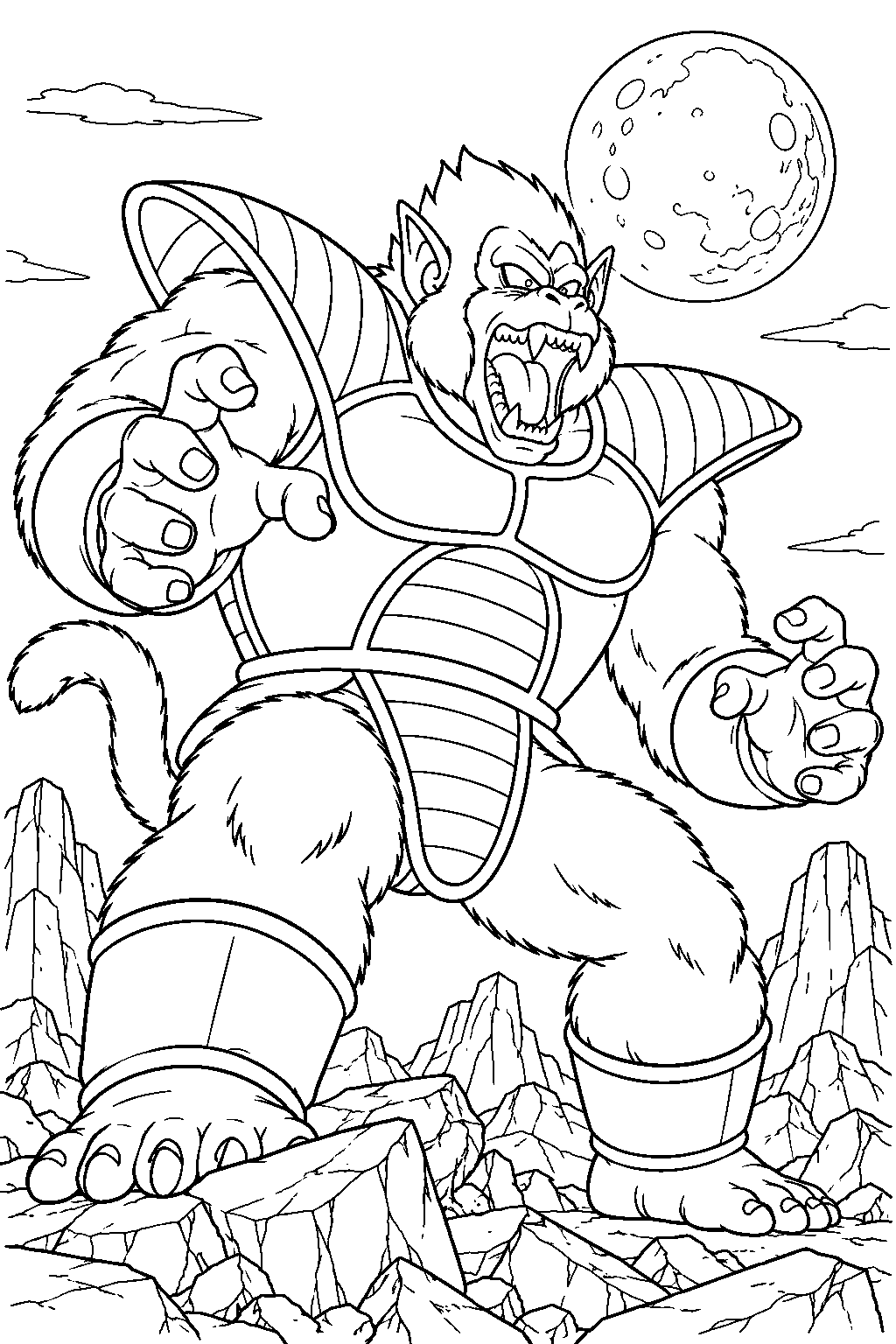 dragon ball z great ape vegeta towering over broken rocks beneath an artificial moon line art