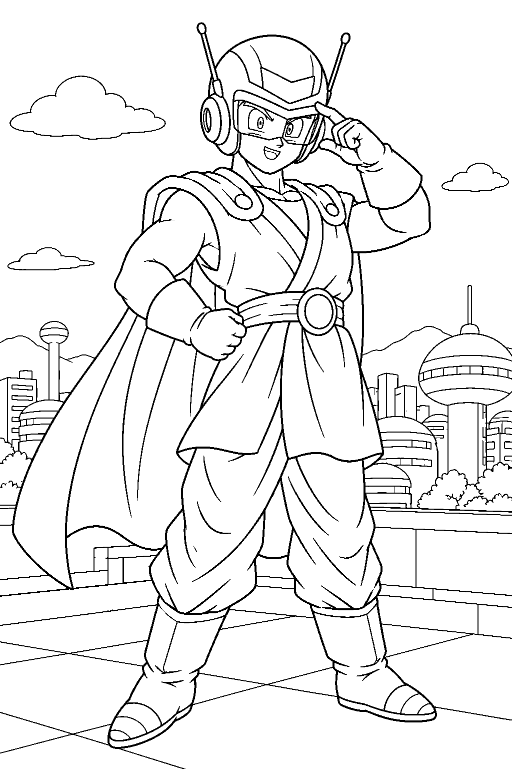 dragon ball z great saiyaman gohan posing on a satan city rooftop line art