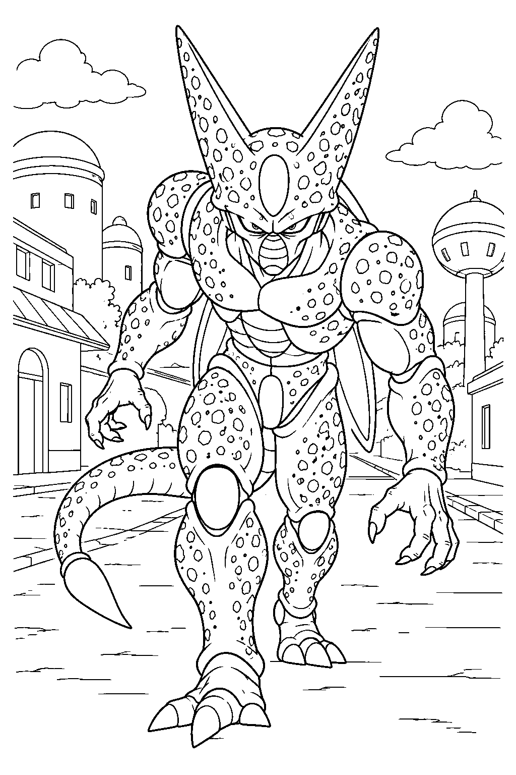 dragon ball z imperfect cell stalking the empty streets of ginger town line art