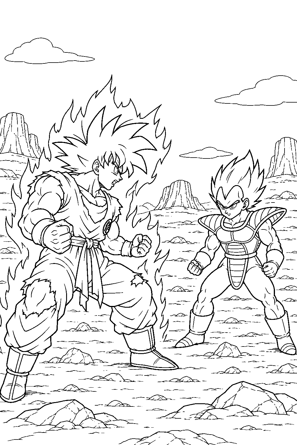 dragon ball z kaioken goku facing vegeta in the saiyan saga wasteland line art