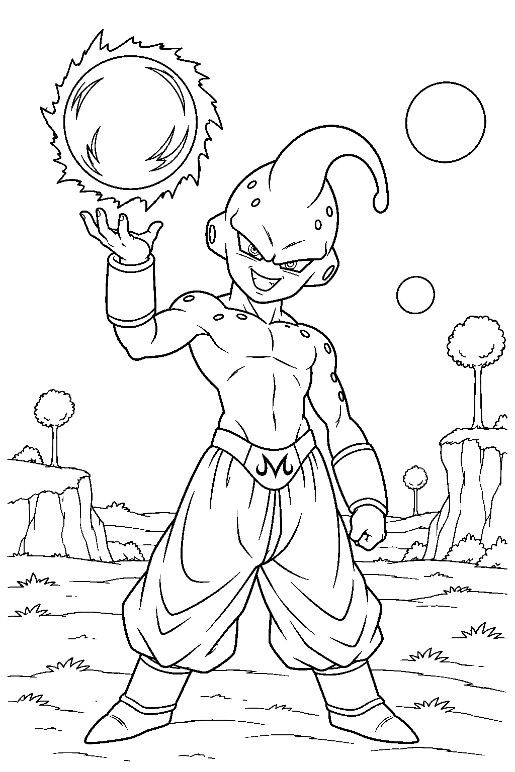 dragon ball z kid buu balancing an energy sphere above one hand on the supreme kai s planet line art