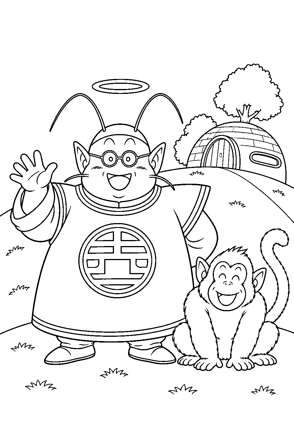dragon ball z king kai standing with bubbles beside his house on his tiny planet line art