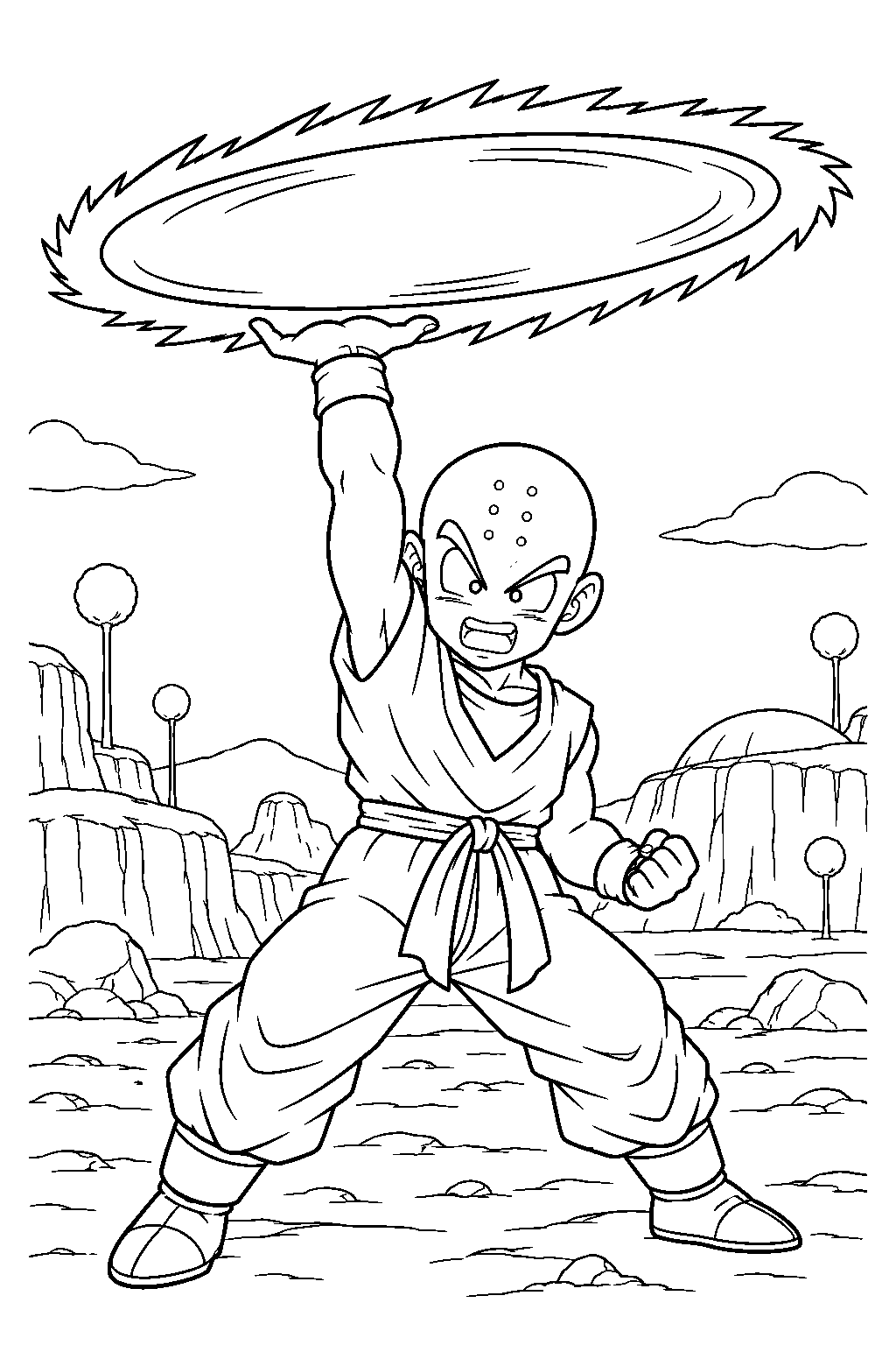 dragon ball z krillin holding a destructo disc above his head on planet namek line art