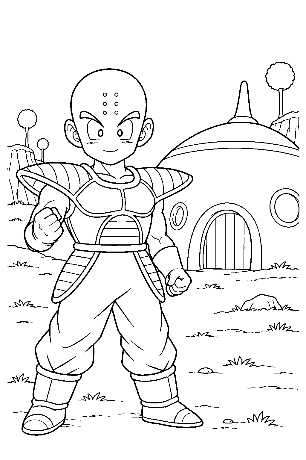 dragon ball z krillin wearing namek battle armor beside a round namekian house line art