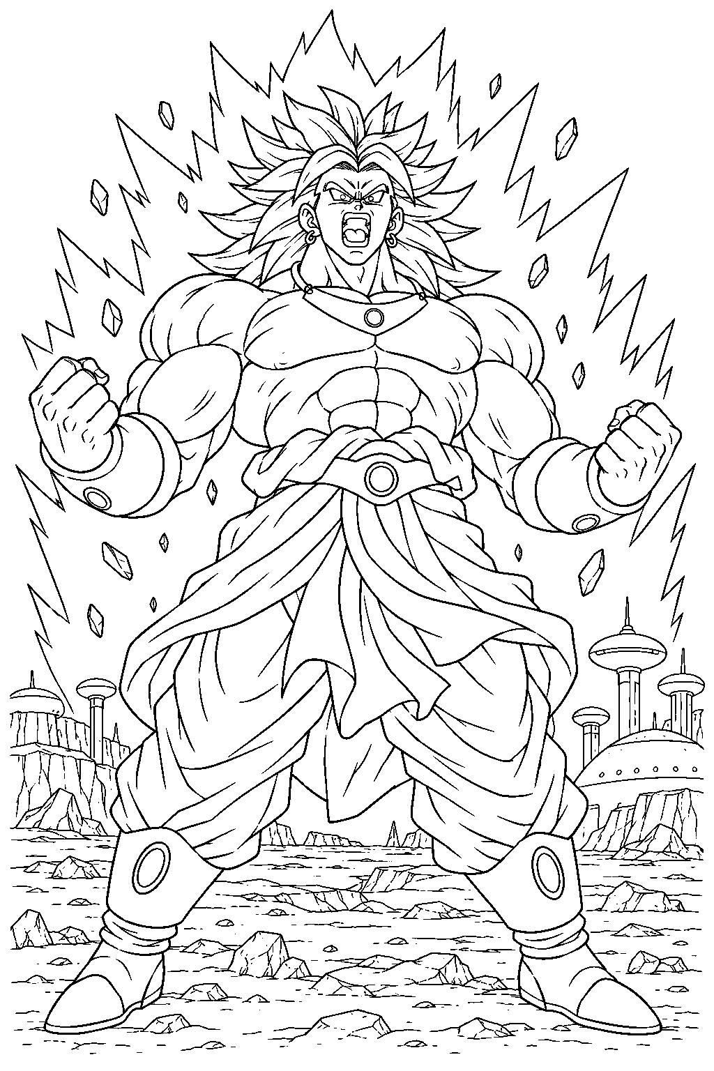 dragon ball z legendary super saiyan broly powering up on new planet vegeta line art