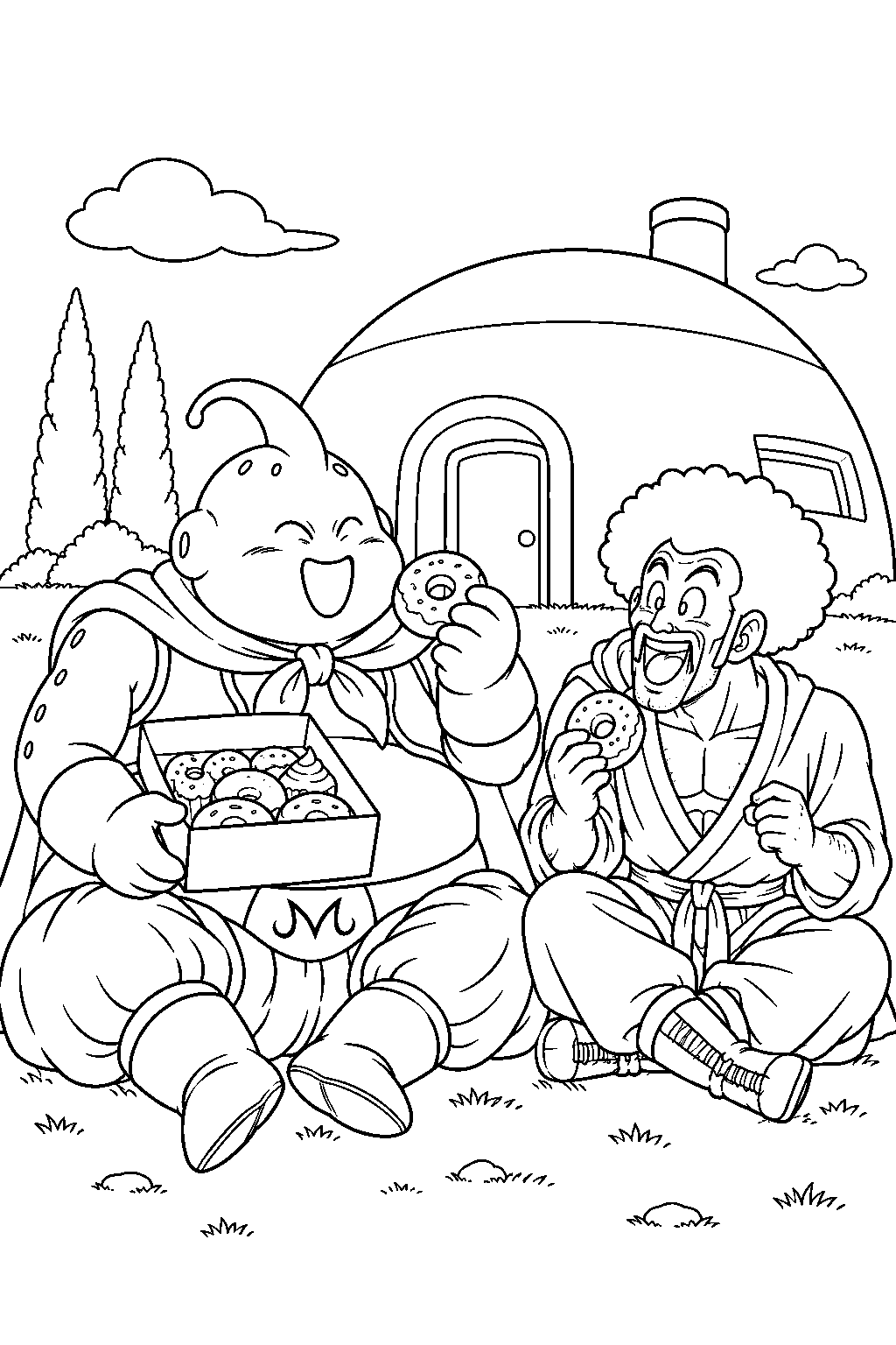 dragon ball z majin buu sharing sweets with mr satan outside his dome shaped house line art
