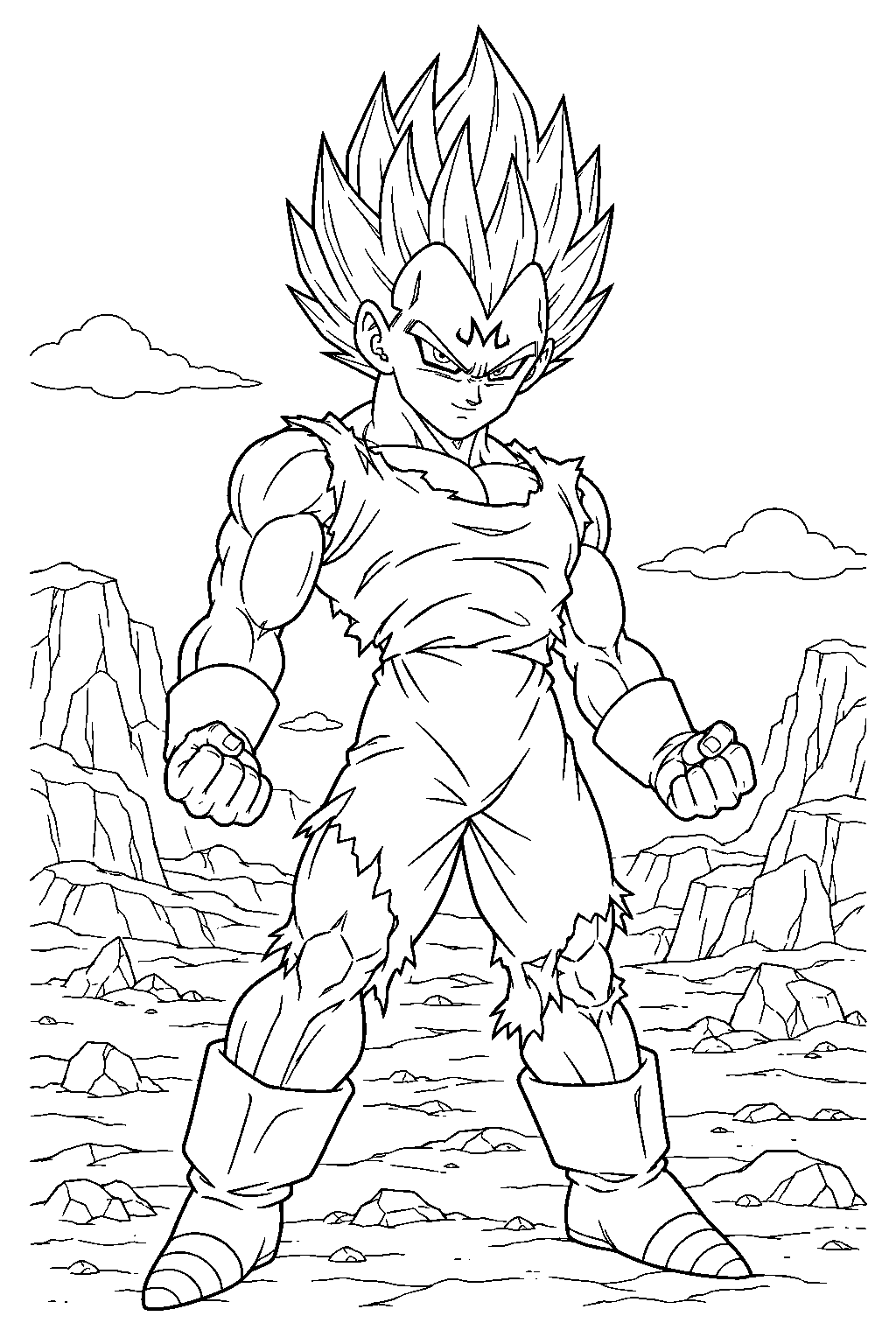 dragon ball z majin vegeta standing with clenched fists in a rocky wasteland line art