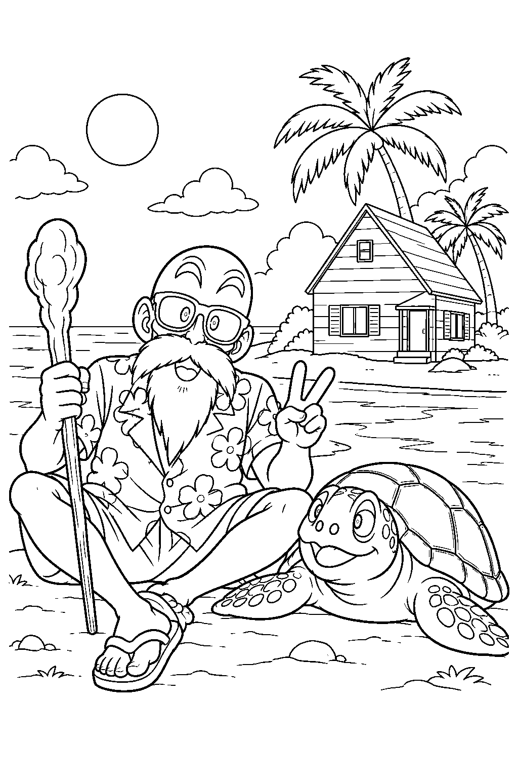 dragon ball z master roshi relaxing beside a sea turtle outside kame house line art
