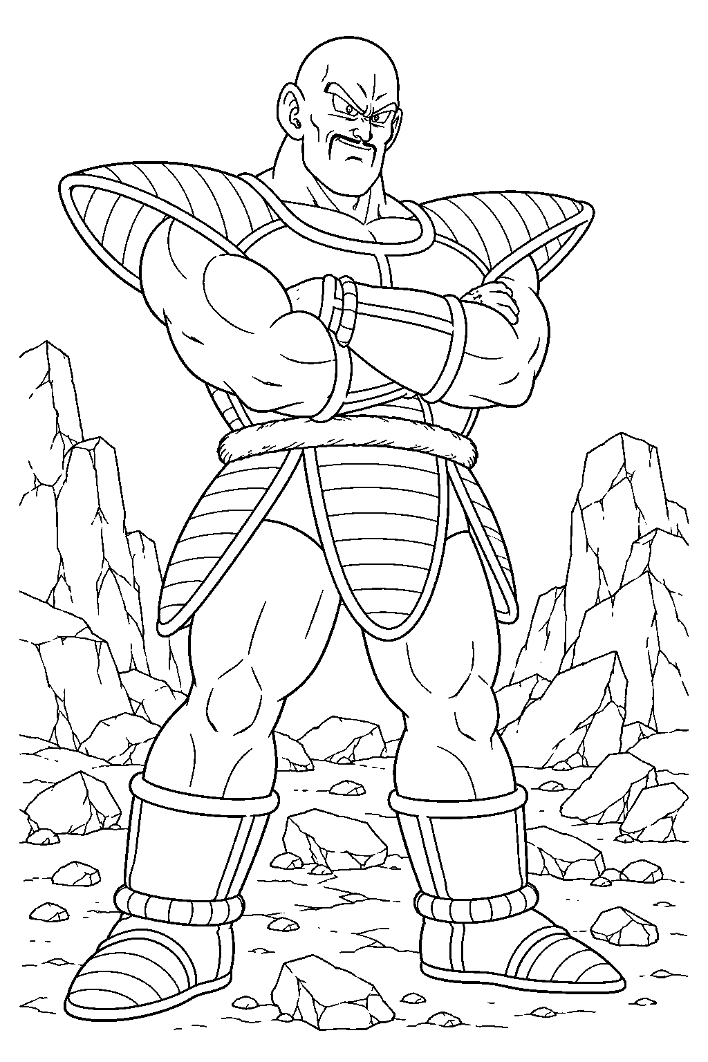 dragon ball z nappa standing with folded arms among shattered rocks line art