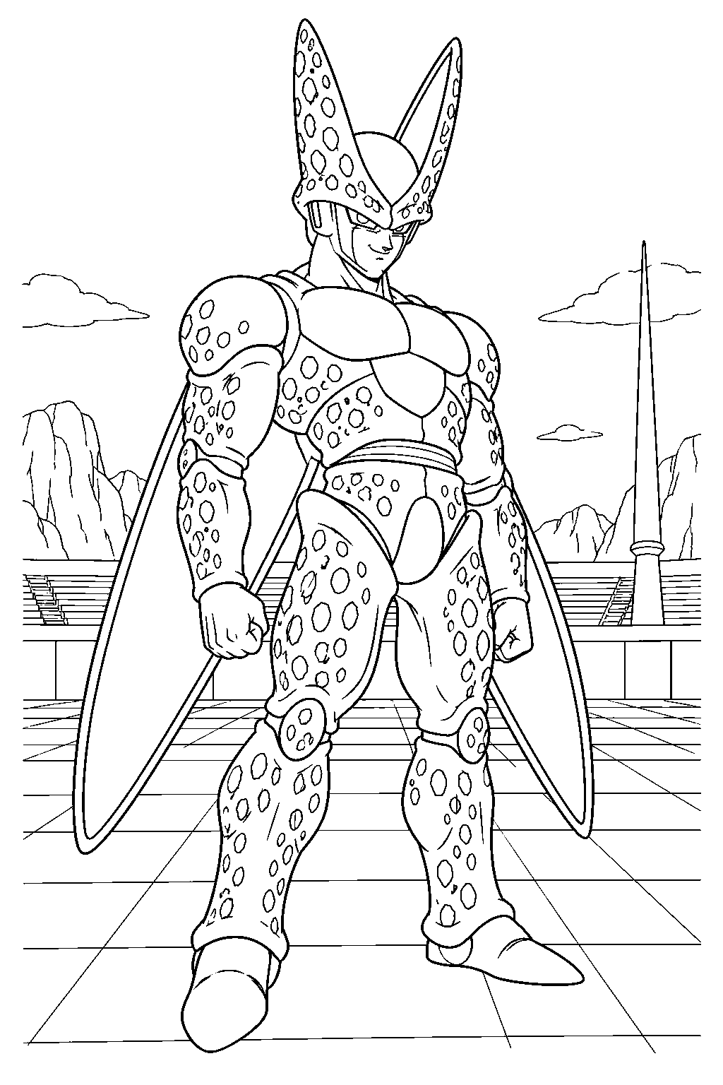 dragon ball z perfect cell waiting in the cell games arena line art
