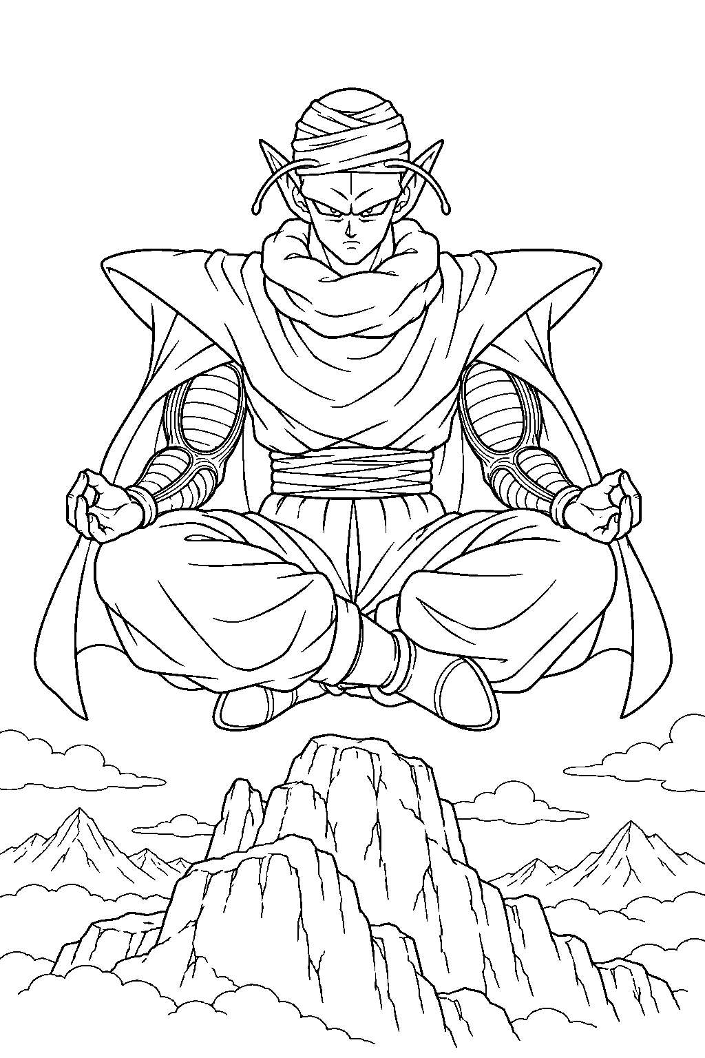 dragon ball z piccolo meditating above a mountain peak line art